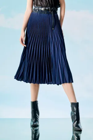 Navy Pleated Skirt with Denim Waistband