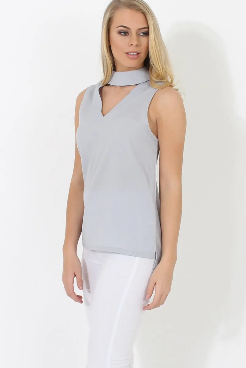 Nina Grey High Neck V Front Top
