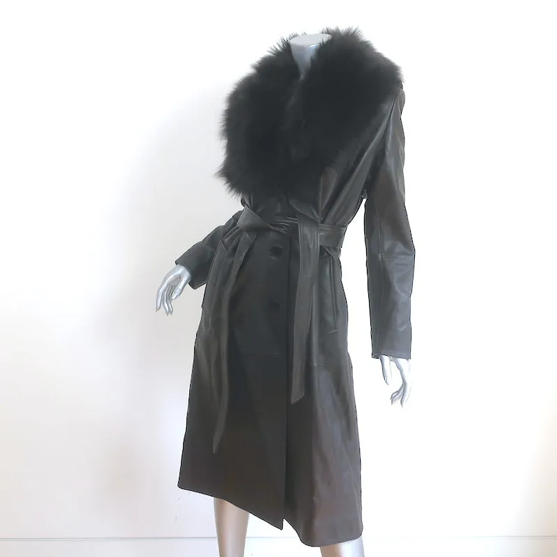 Nour Hammour Uptown Girl Shearling Collar Leather Trench Coat Dark Brown Size 38
