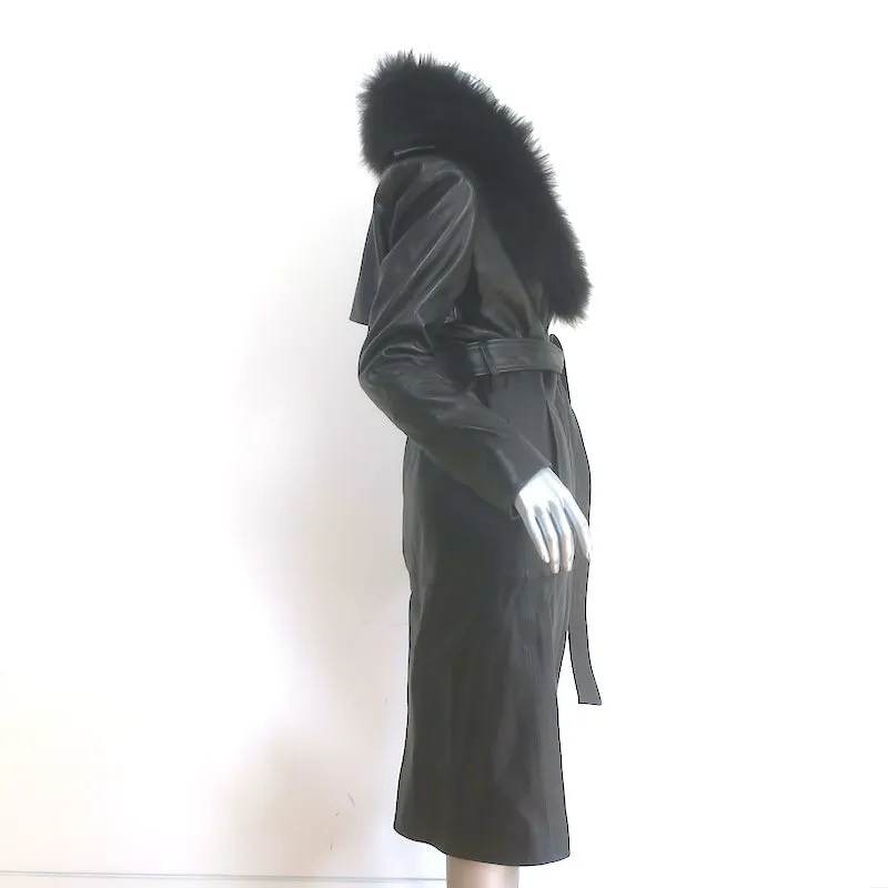 Nour Hammour Uptown Girl Shearling Collar Leather Trench Coat Dark Brown Size 38