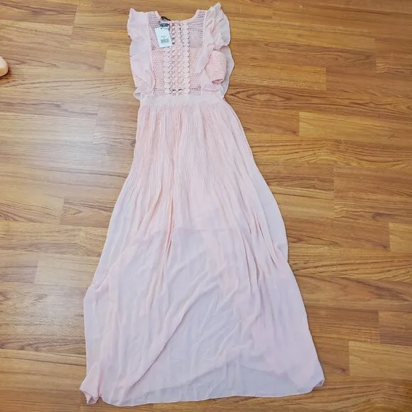 NWT APART Maxi Dress Size 4 Mesh Macrame look top flutter sleeves Bandeau slip