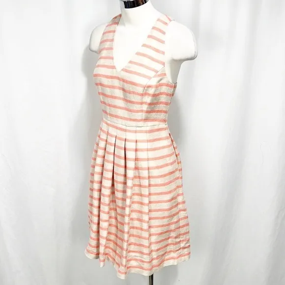 NWT Banana Republic Stripe Fit and Flare Dress Orange &amp;‎ Tan Linen Blend size 0