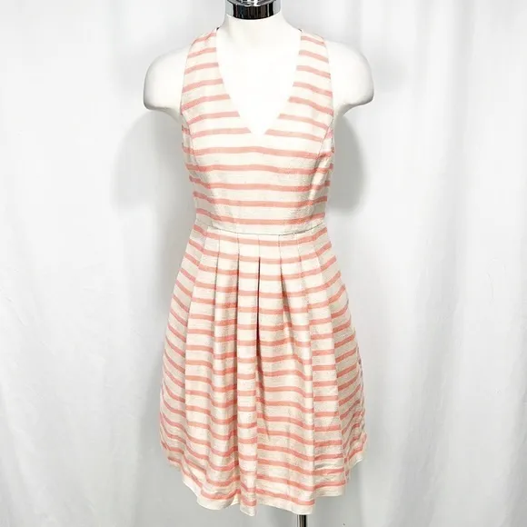 NWT Banana Republic Stripe Fit and Flare Dress Orange &amp;‎ Tan Linen Blend size 0