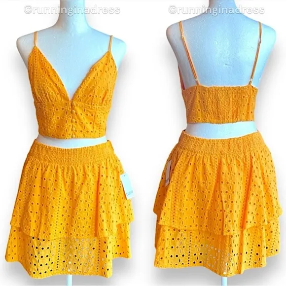 NWT BAR Ill Yellow Eyelet Tiered Skirt &amp; Eyelet Smocked Crop Top Set Size Medium