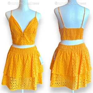 NWT BAR Ill Yellow Eyelet Tiered Skirt &amp; Eyelet Smocked Crop Top Set Size Medium