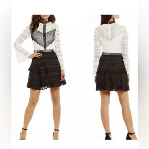 NWT Gianni Bini Lace Black &amp; White Pleated Tiered Dress MSRP $139 Size Medium