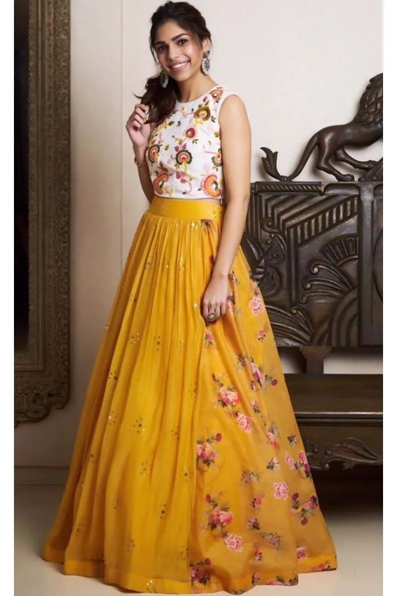 Off White & Yellow Croptop – Skirt