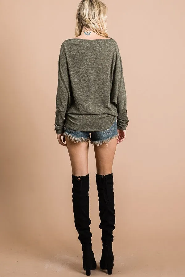 Olive Solid Boat Neck Button Trimmed Dolman Sleeve Top 11/17/24 9013