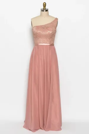 One Shoulder Peach Pink Lace Chiffon Long Bridesmaid Dress
