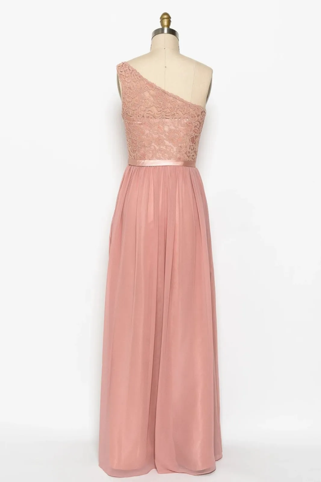 One Shoulder Peach Pink Lace Chiffon Long Bridesmaid Dress