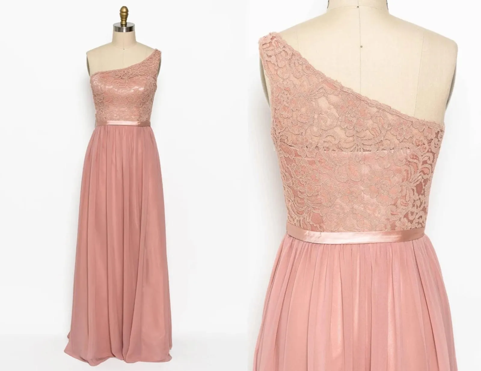 One Shoulder Peach Pink Lace Chiffon Long Bridesmaid Dress