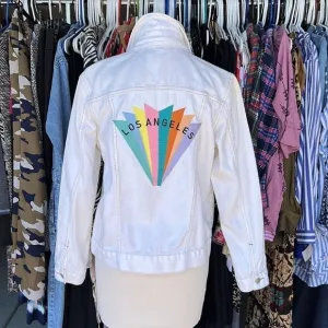 PAC SUN White Denim Jacket, Embroidered w/ LOS ANGELES, Size S