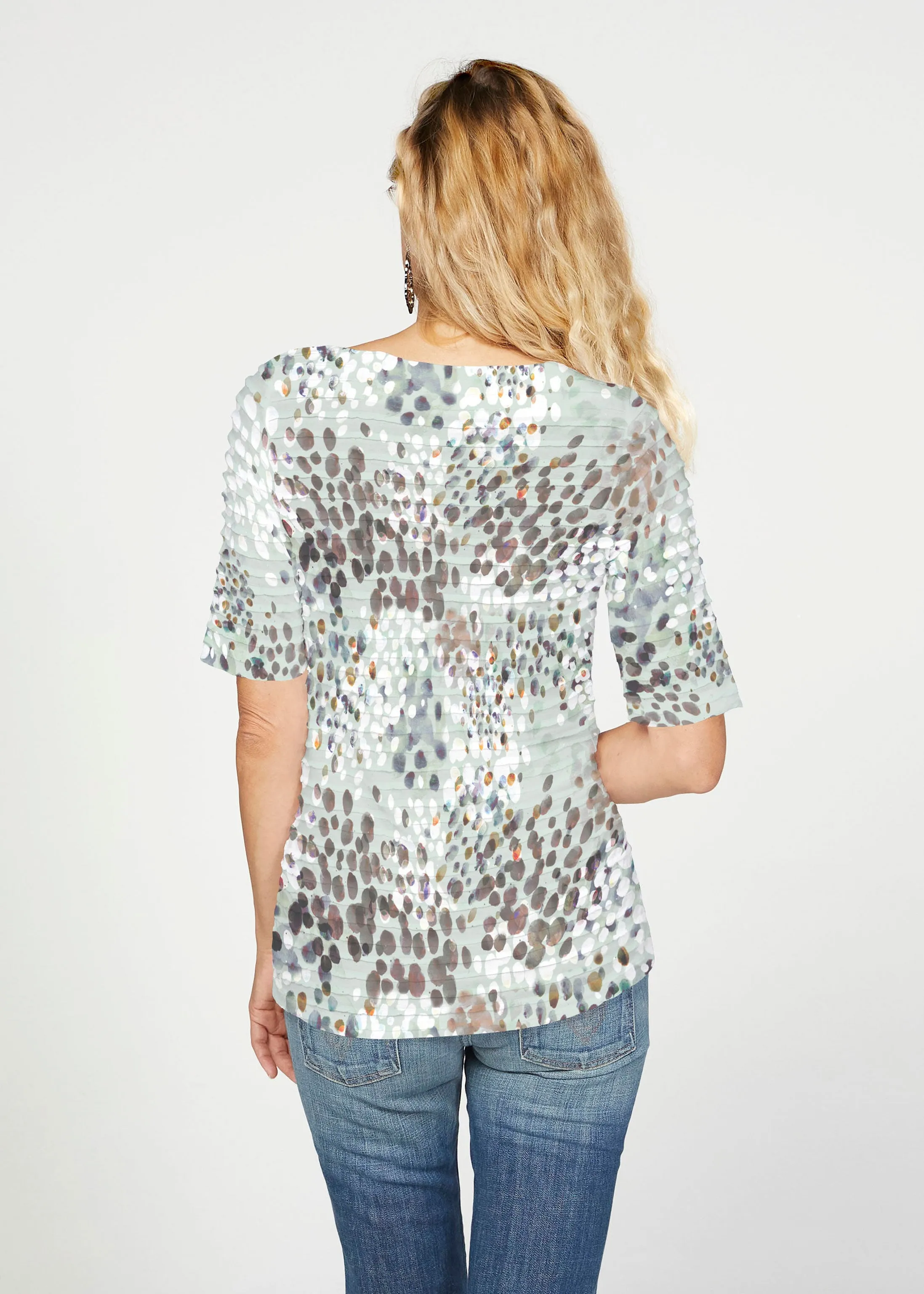 Painted Dots (8020) ~ Banded Elbow Sleeve Boat Neck Top