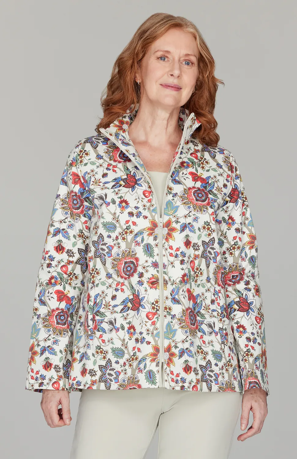 Paisley Stretch Denim High Neck Zip Jacket