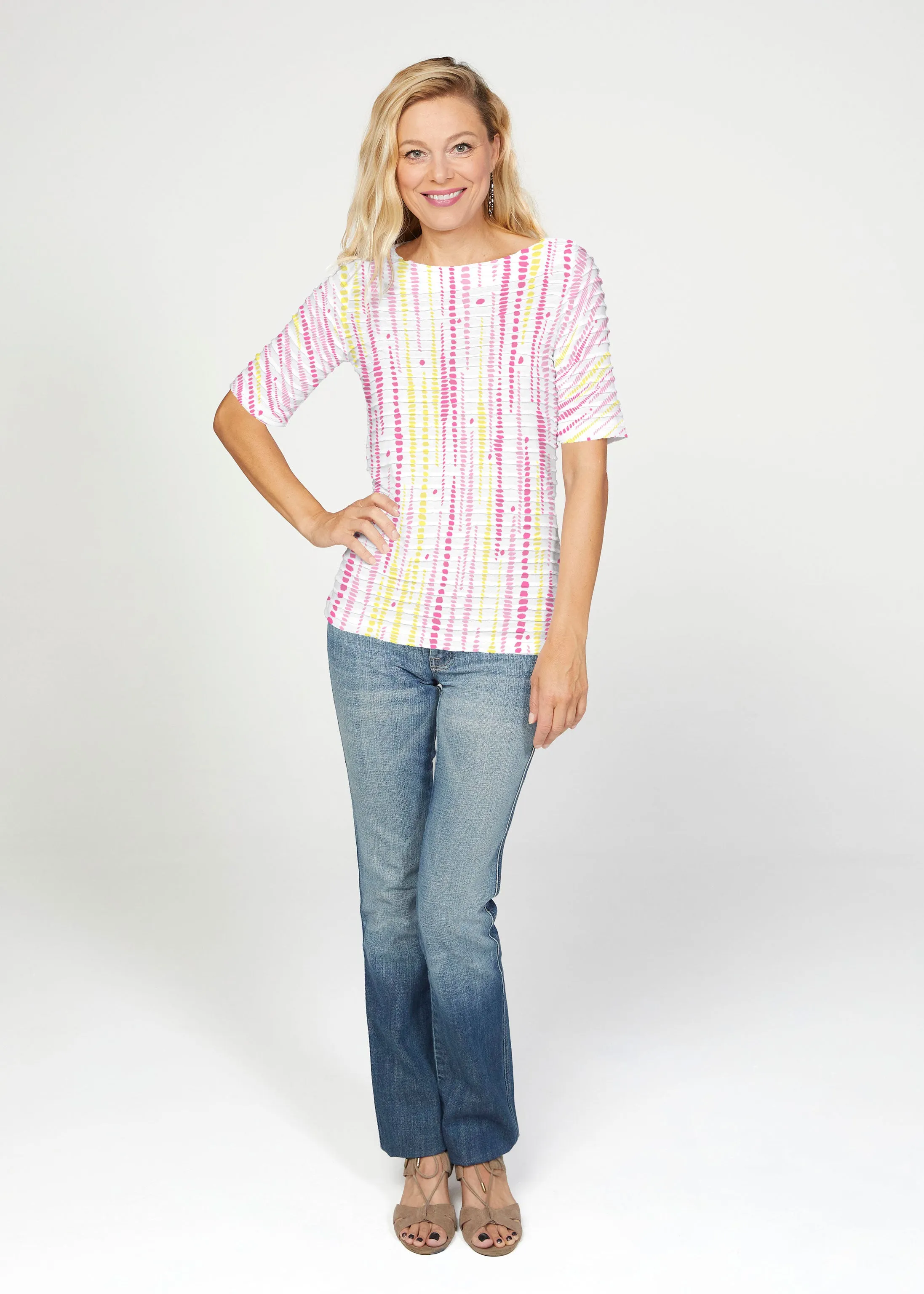 Pebble Dots Pink (7938) ~ Banded Elbow Sleeve Boat Neck Top