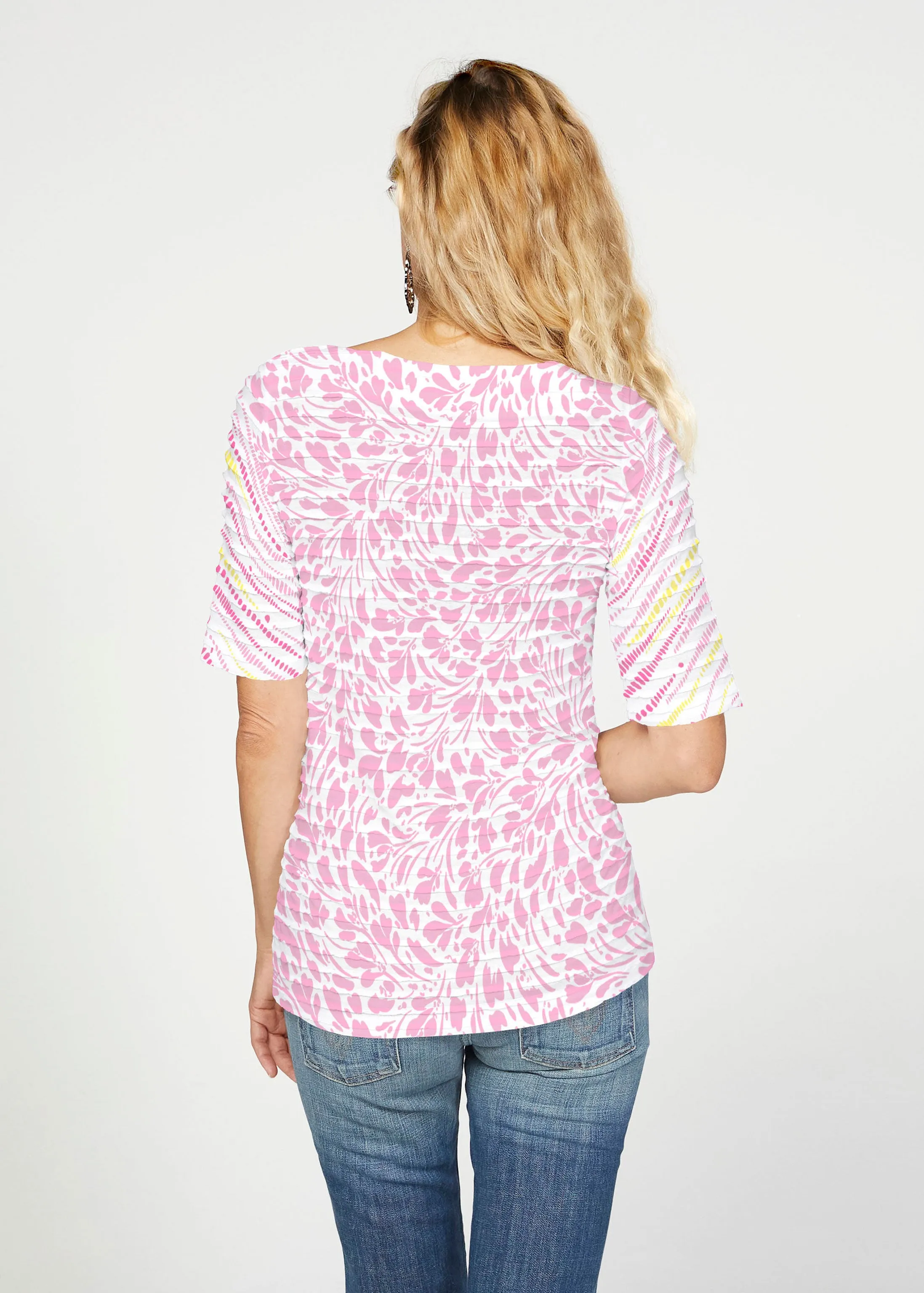 Pebble Dots Pink (7938) ~ Banded Elbow Sleeve Boat Neck Top