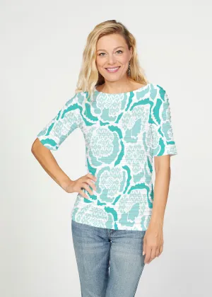 Peonies Aqua (8082) ~ Banded Elbow Sleeve Boat Neck Top