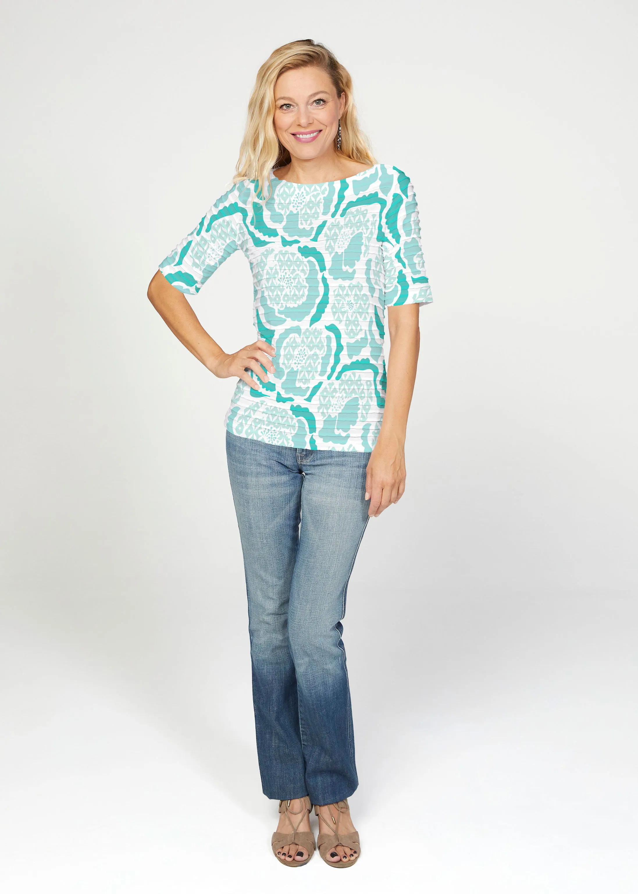 Peonies Aqua (8082) ~ Banded Elbow Sleeve Boat Neck Top