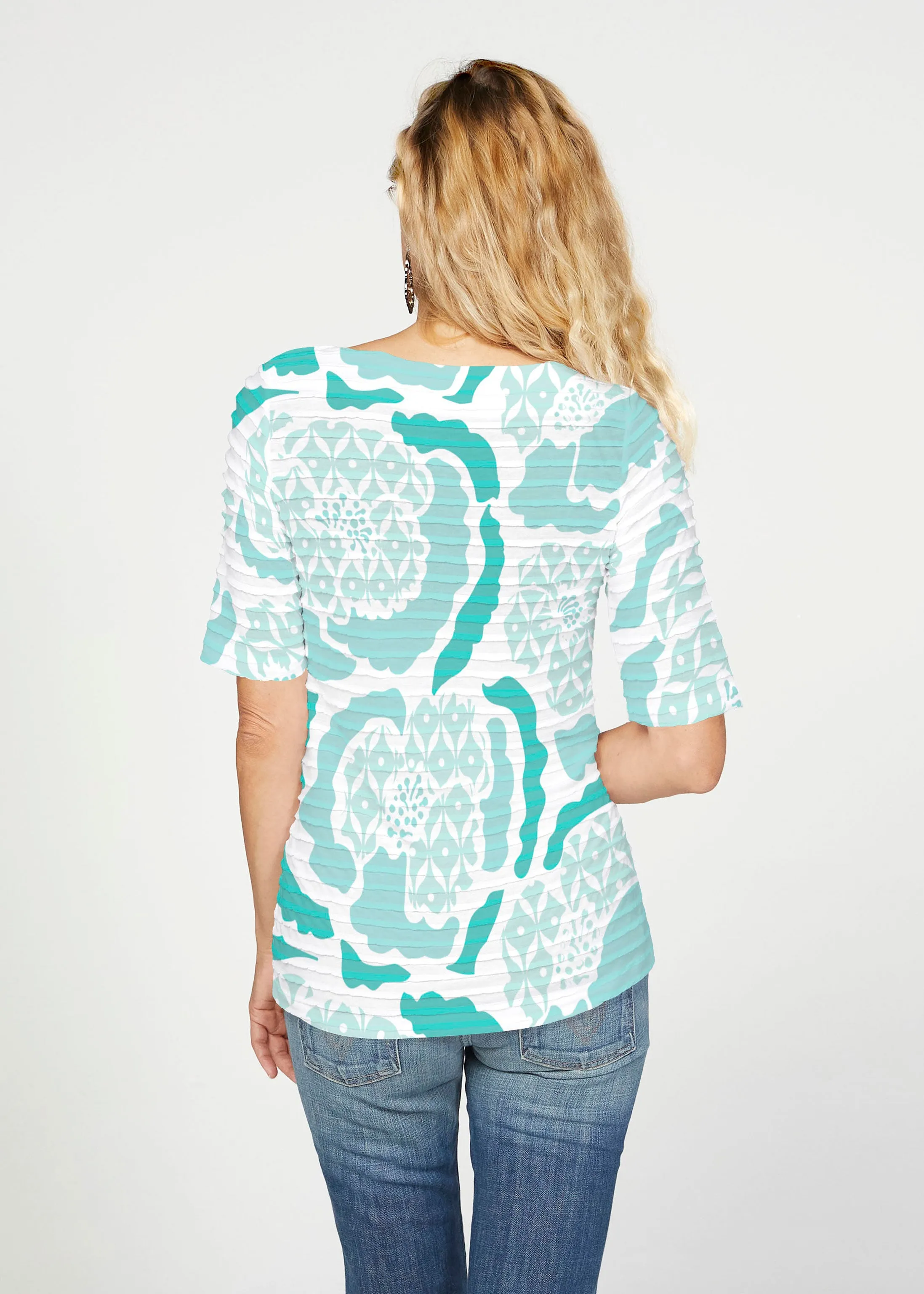 Peonies Aqua (8082) ~ Banded Elbow Sleeve Boat Neck Top