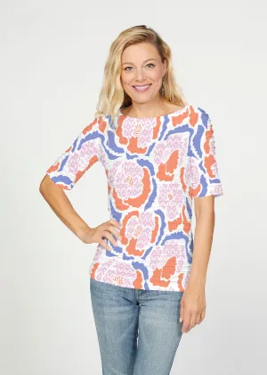 Peonies Pink (8074) ~ Banded Elbow Sleeve Boat Neck Top