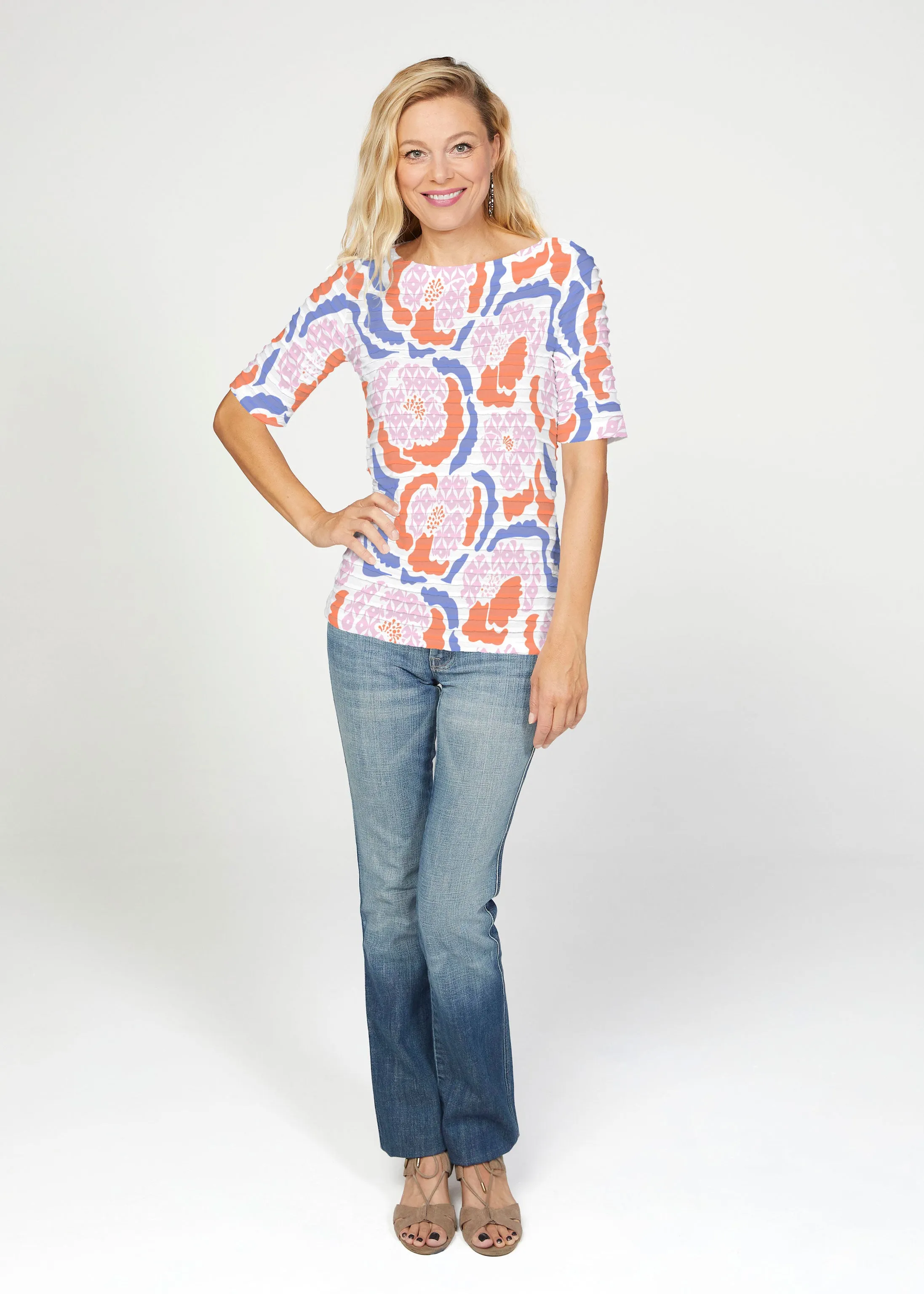 Peonies Pink (8074) ~ Banded Elbow Sleeve Boat Neck Top