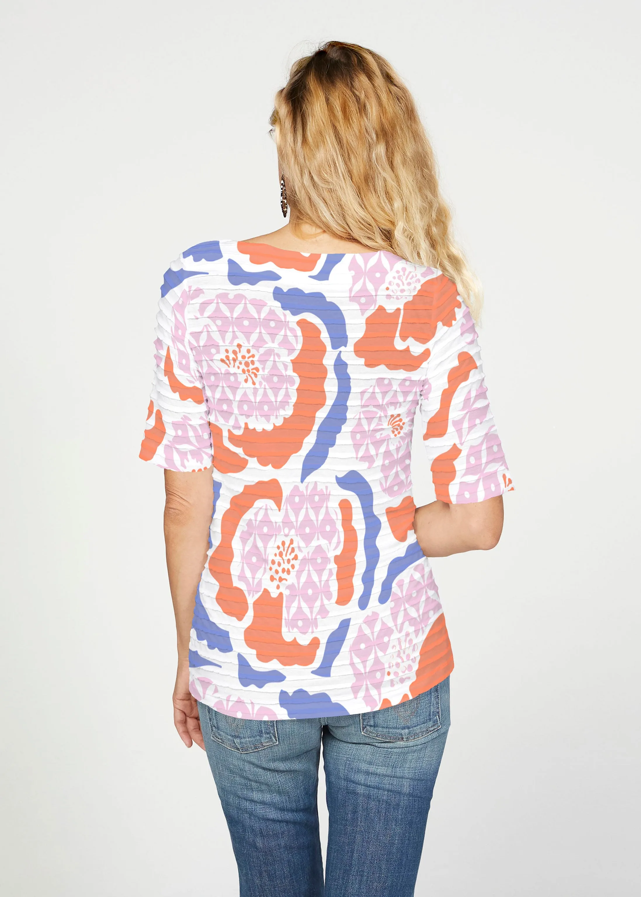 Peonies Pink (8074) ~ Banded Elbow Sleeve Boat Neck Top