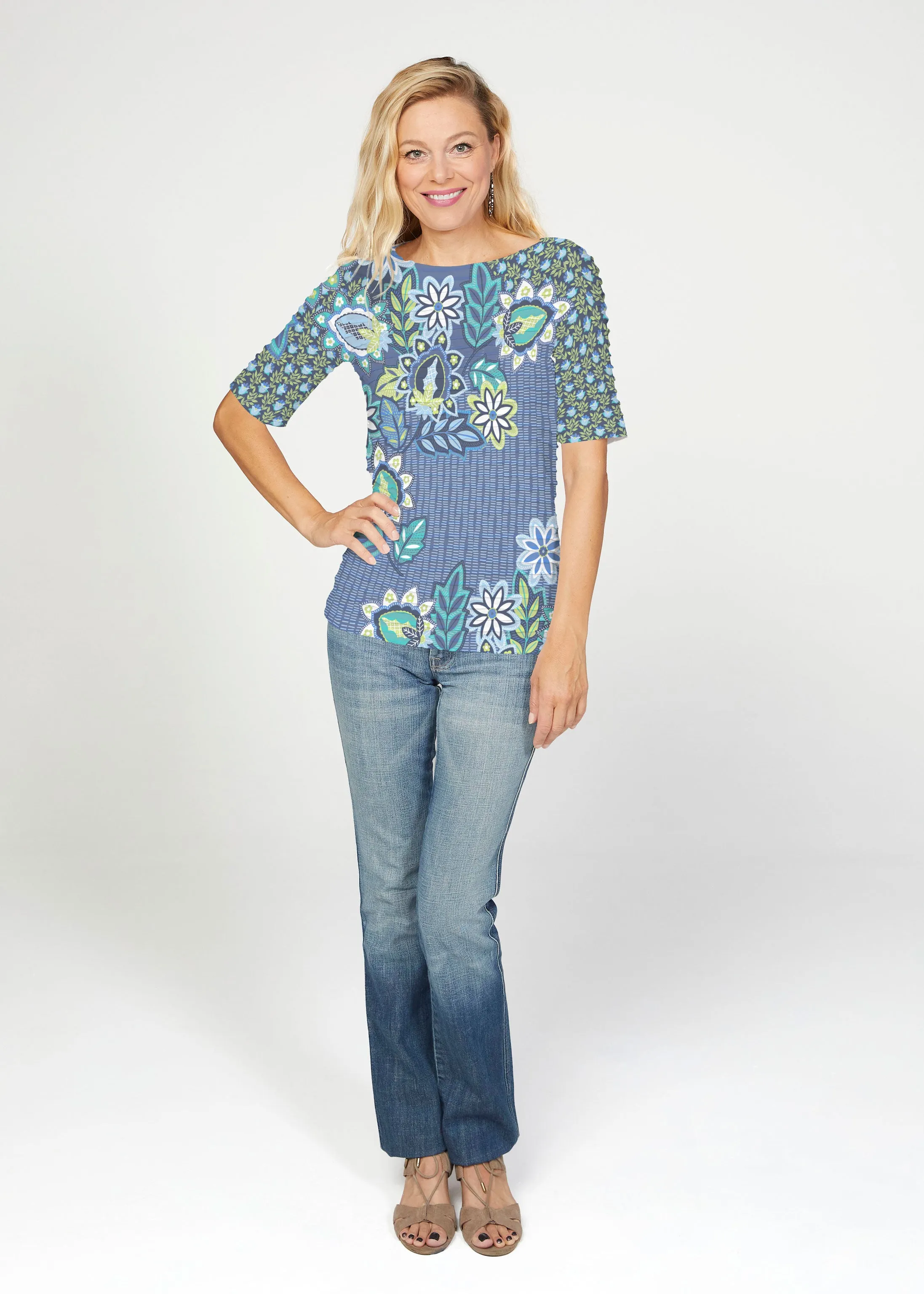 Phoebe (13581) ~ Banded Elbow Sleeve Boat Neck Top