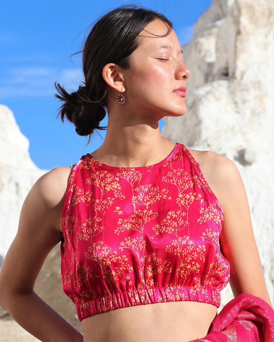 Pink Bel Blockprinted Mashru Silk Blouse-Lagn