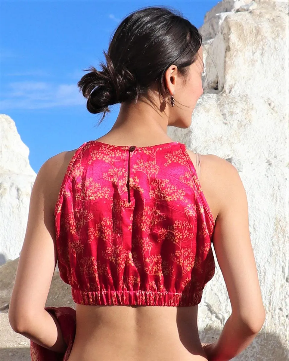 Pink Bel Blockprinted Mashru Silk Blouse-Lagn