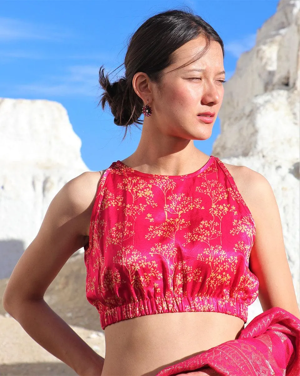 Pink Bel Blockprinted Mashru Silk Blouse-Lagn
