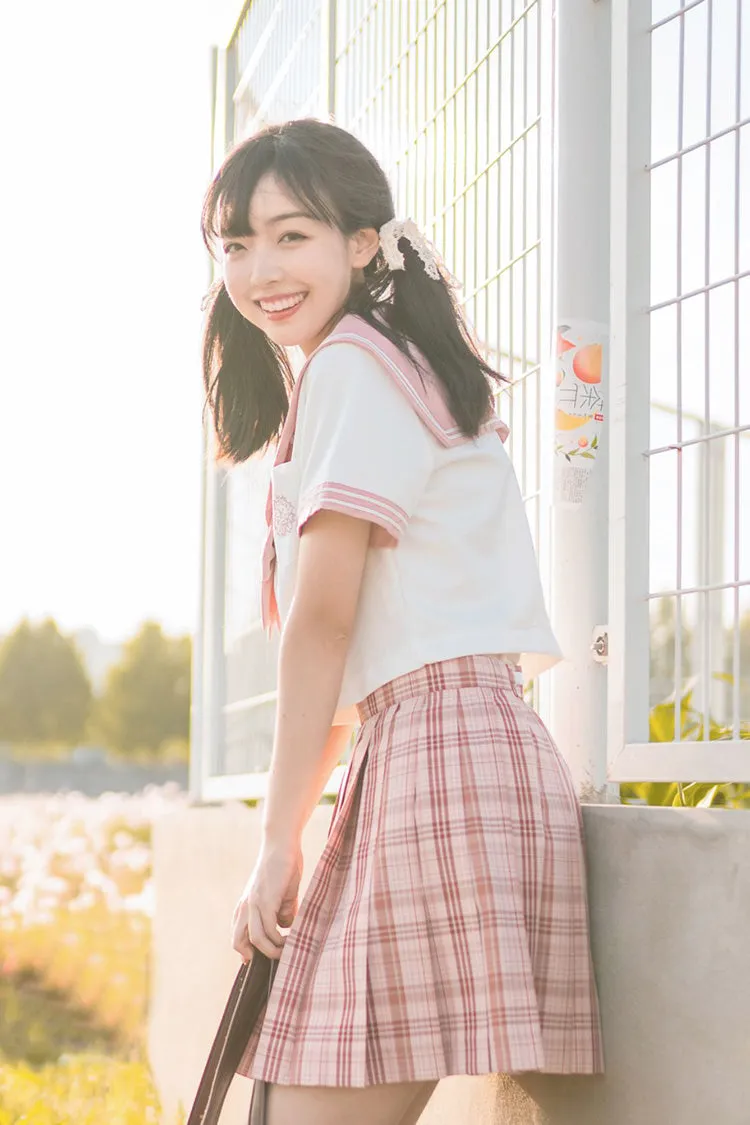 Pink College Style Plaid Stripe Print Sweet Japanese School Pleated Skirt