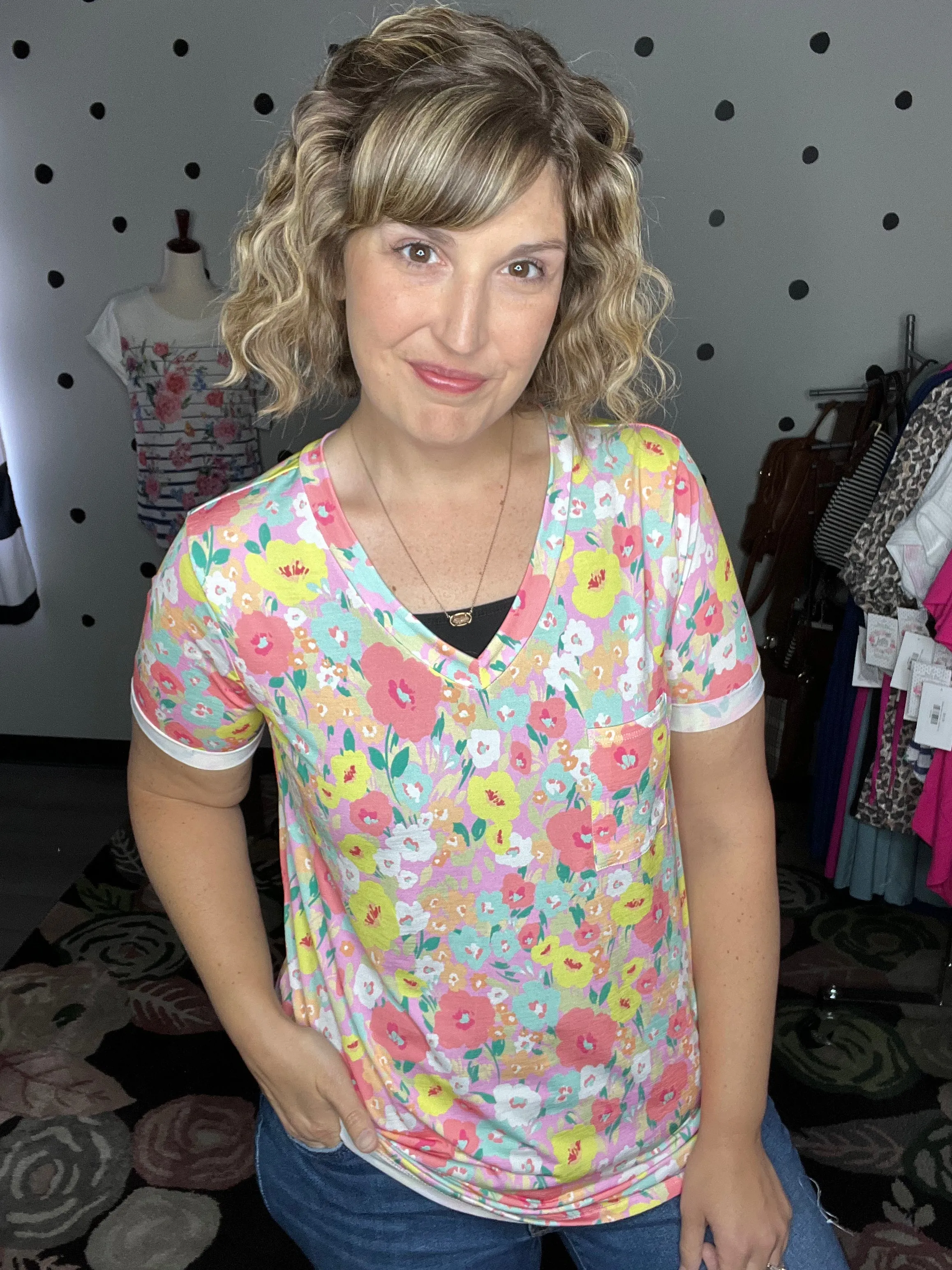 Pink Poppies V-Neck Tee