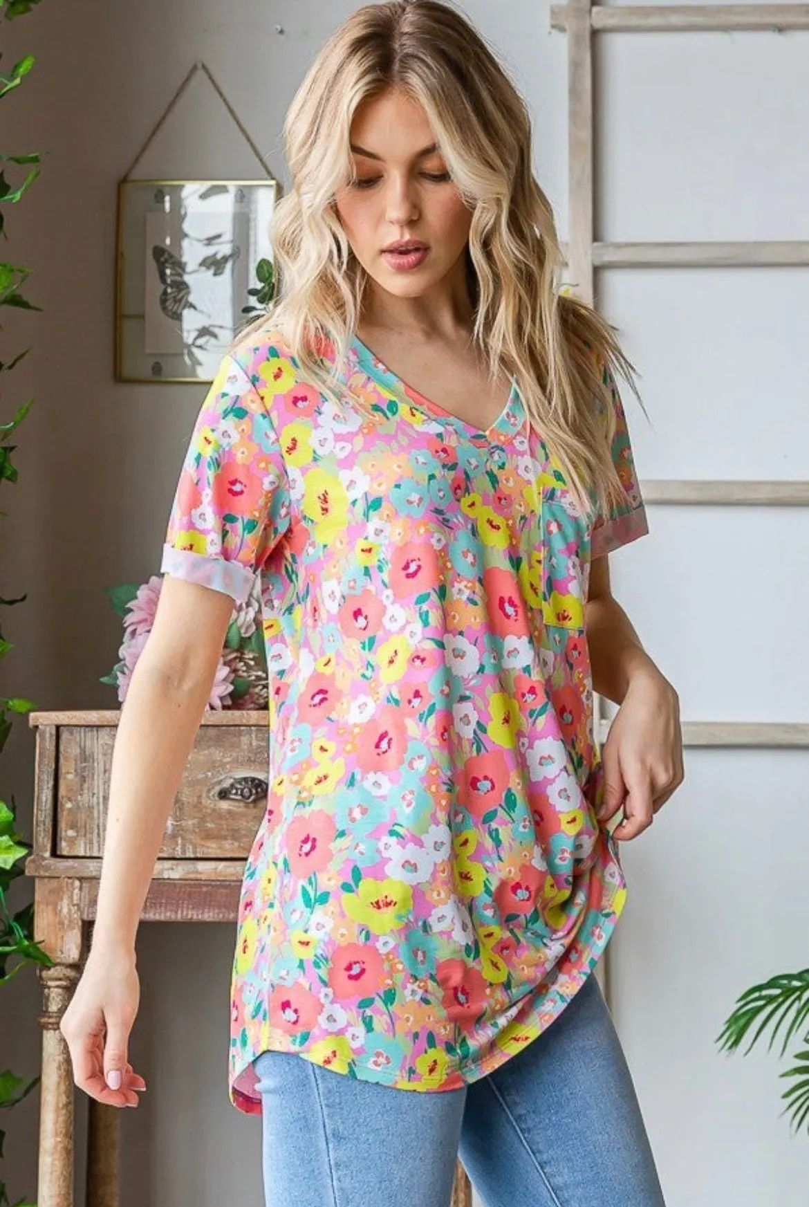 Pink Poppies V-Neck Tee