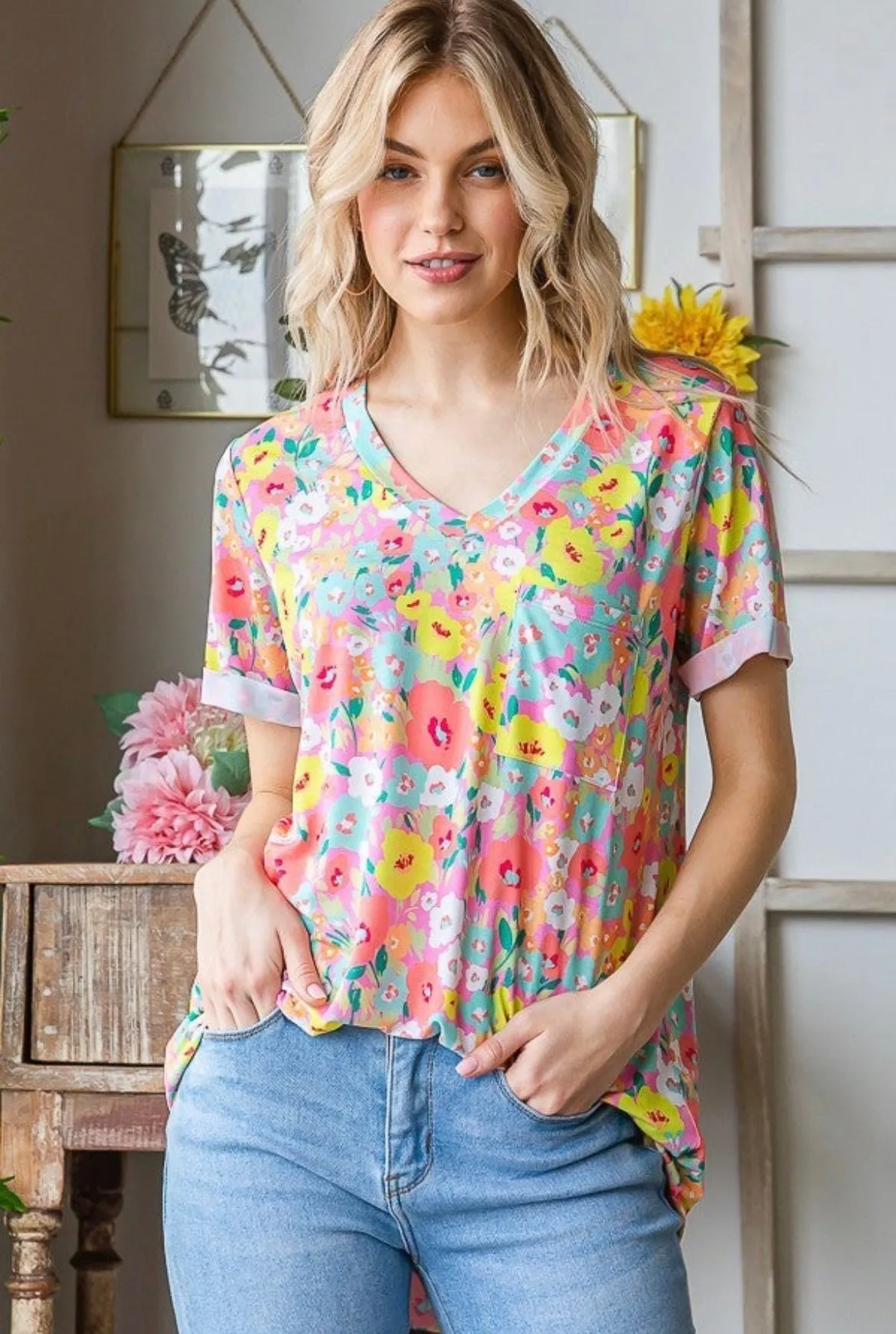 Pink Poppies V-Neck Tee