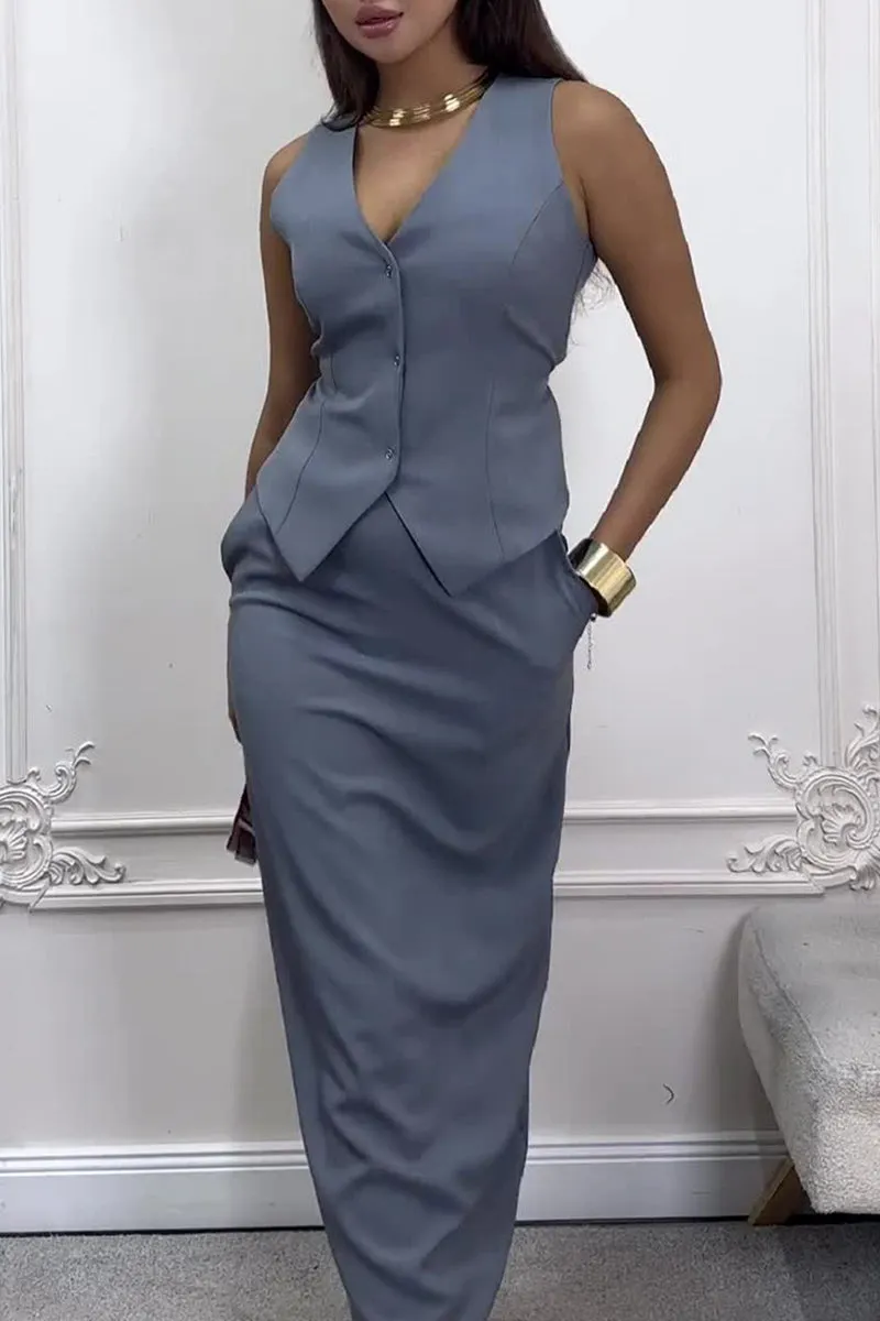 Pocket Buttons Strap Design V Neck Sleeveless Two Pieces(3 Colors)