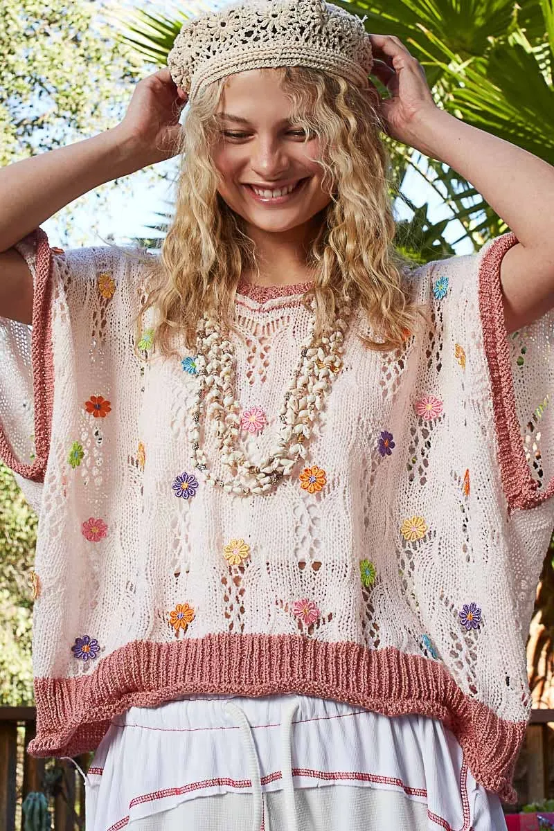 POL Clothing V-neck Sleeveless Flower Outseam Thin Sweater Top