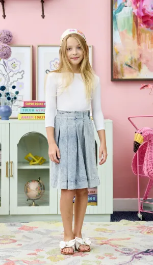 Porter Whitewash Pleated Denim Skirt