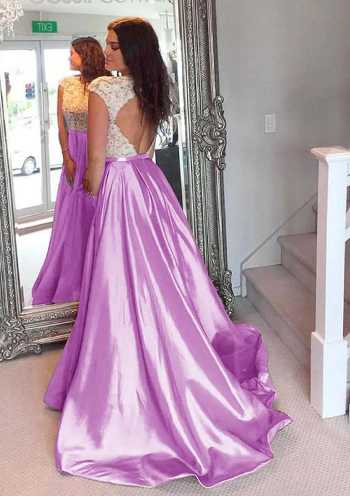 Princess Scoop Neck Open Back Floor Length Court Train Taffeta Party Prom Dress, Lace
