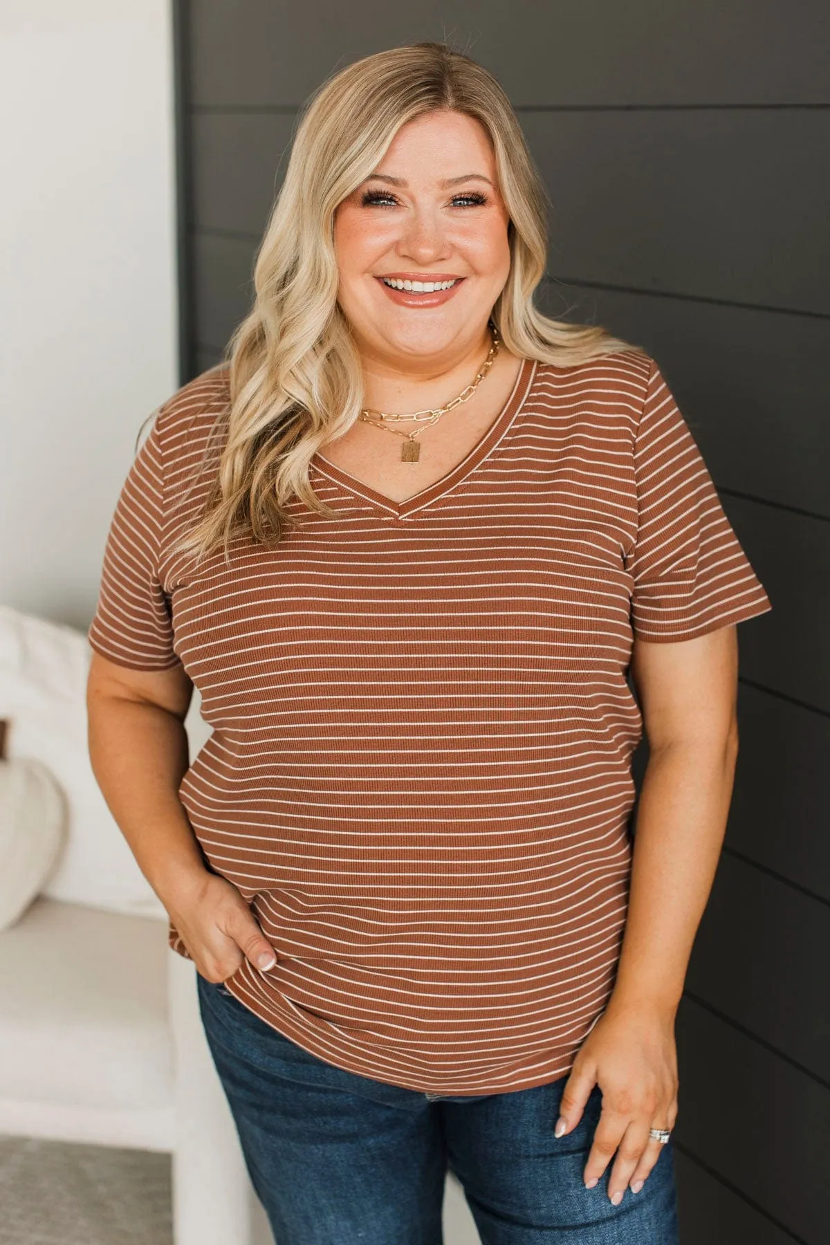 Radiate Confidence Striped V-Neck Top- Rust