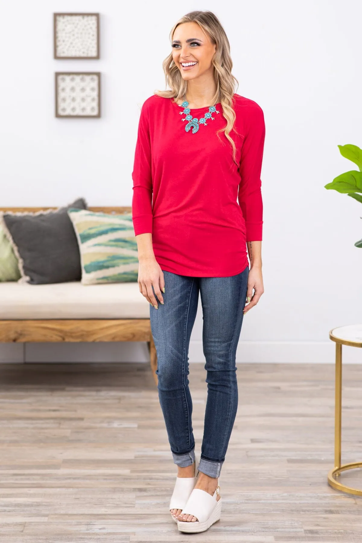 Red Dolman Sleeve Boat Neck Top