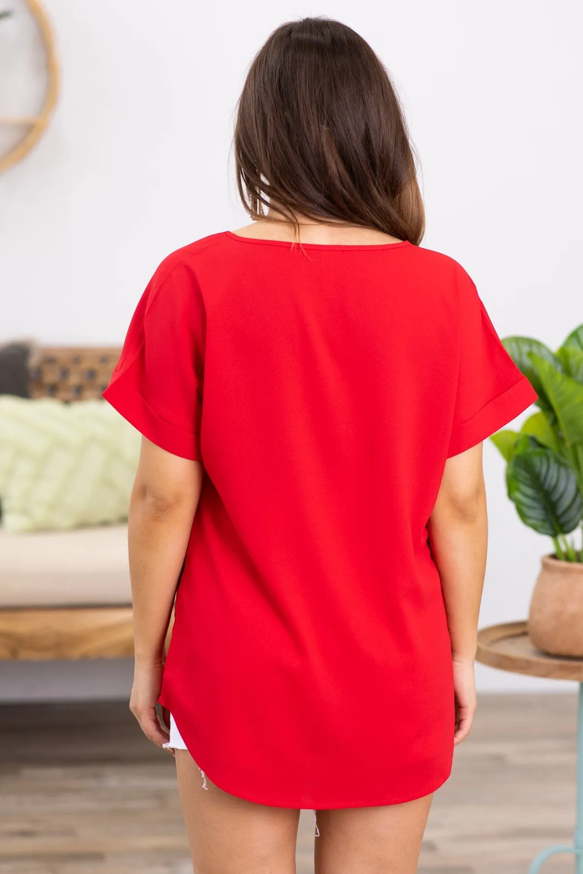 Red Roll Sleeve V-Neck Top