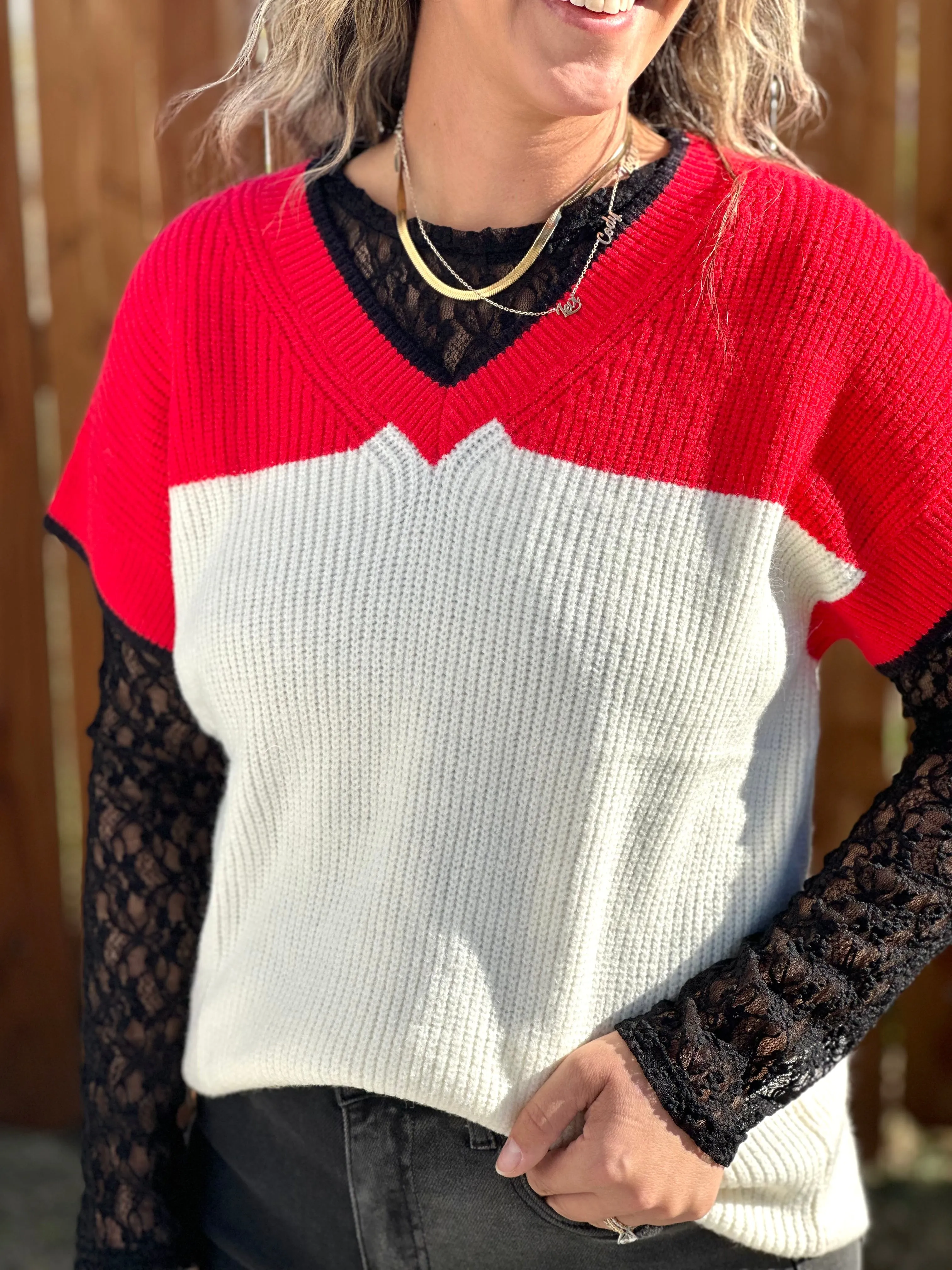Red/Black Contrast V-Neck Sweater Top