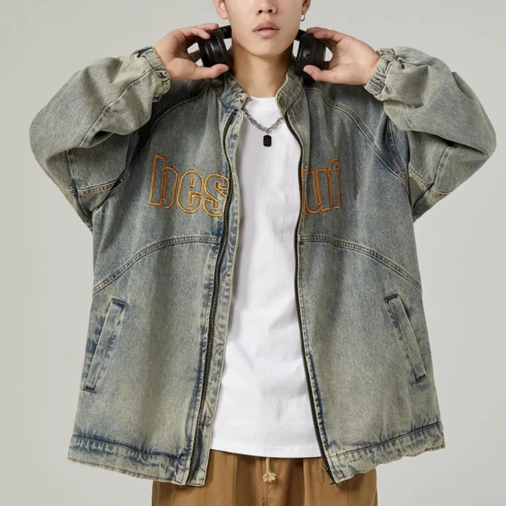 Retro Stand Collar Embroidery Denim Jacket