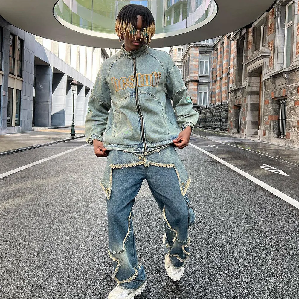 Retro Stand Collar Embroidery Denim Jacket