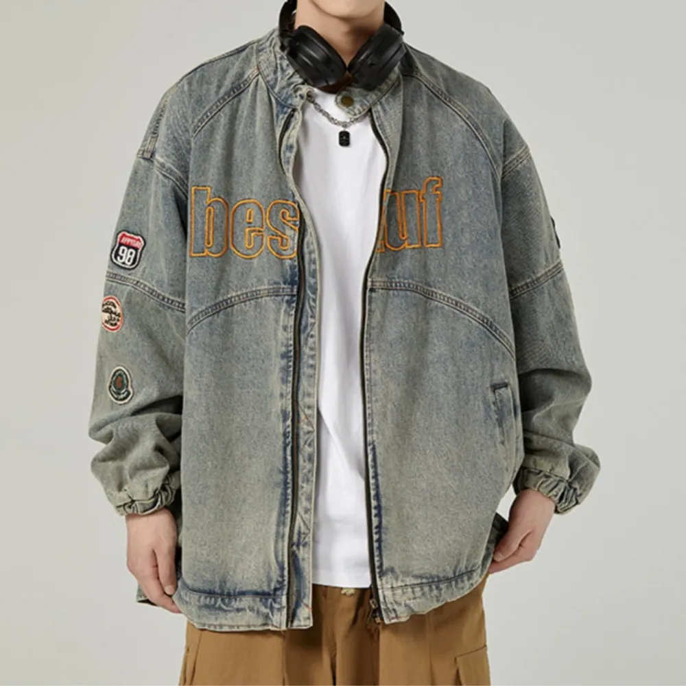 Retro Stand Collar Embroidery Denim Jacket
