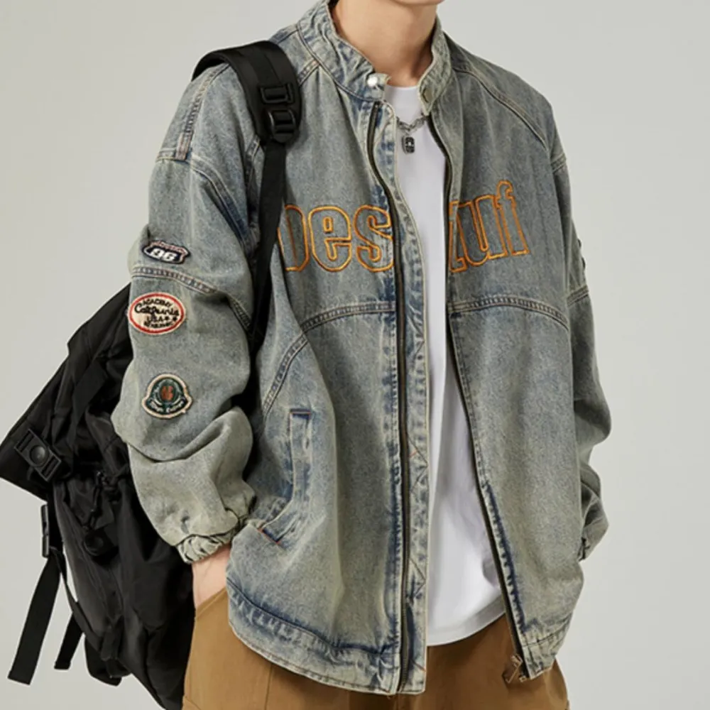 Retro Stand Collar Embroidery Denim Jacket
