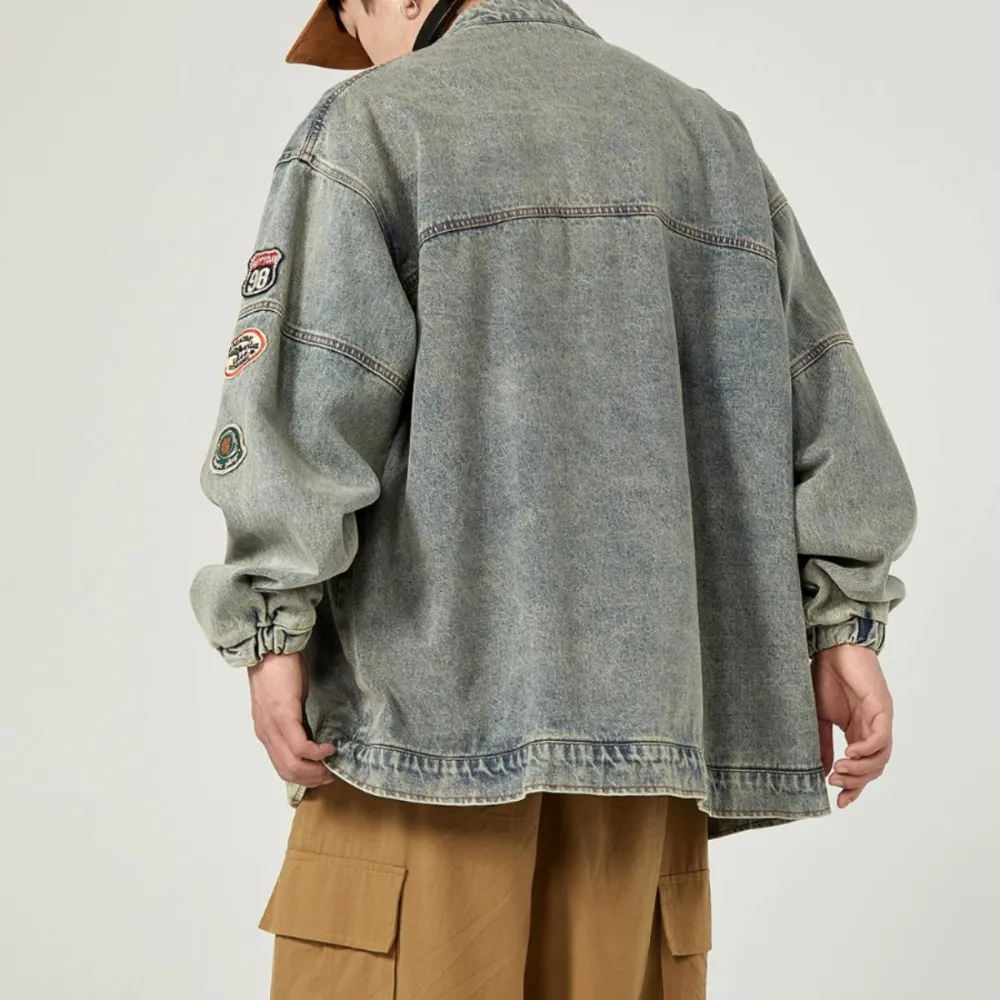 Retro Stand Collar Embroidery Denim Jacket