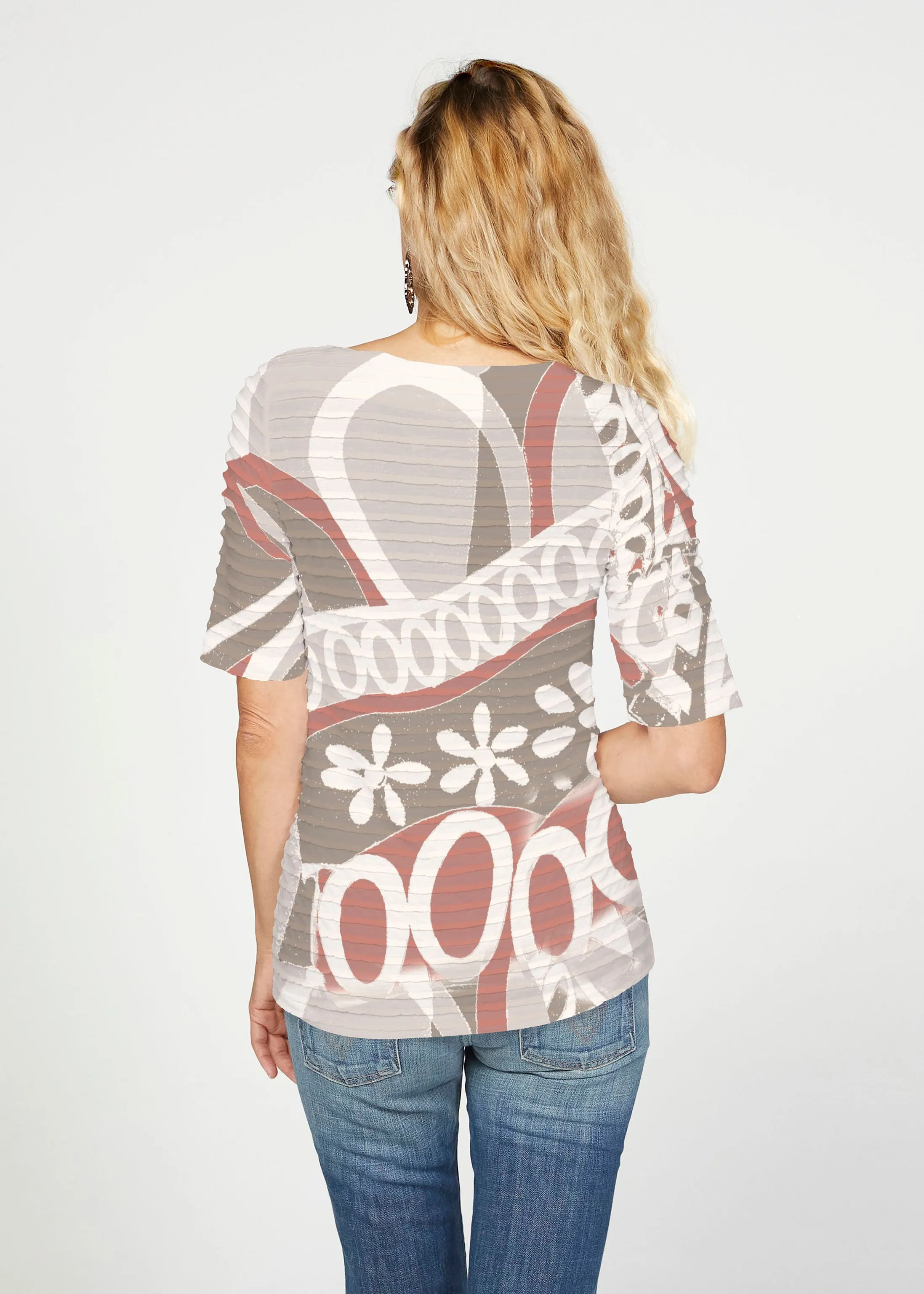 Rusty O"S (8162) ~ Banded Elbow Sleeve Boat Neck Top
