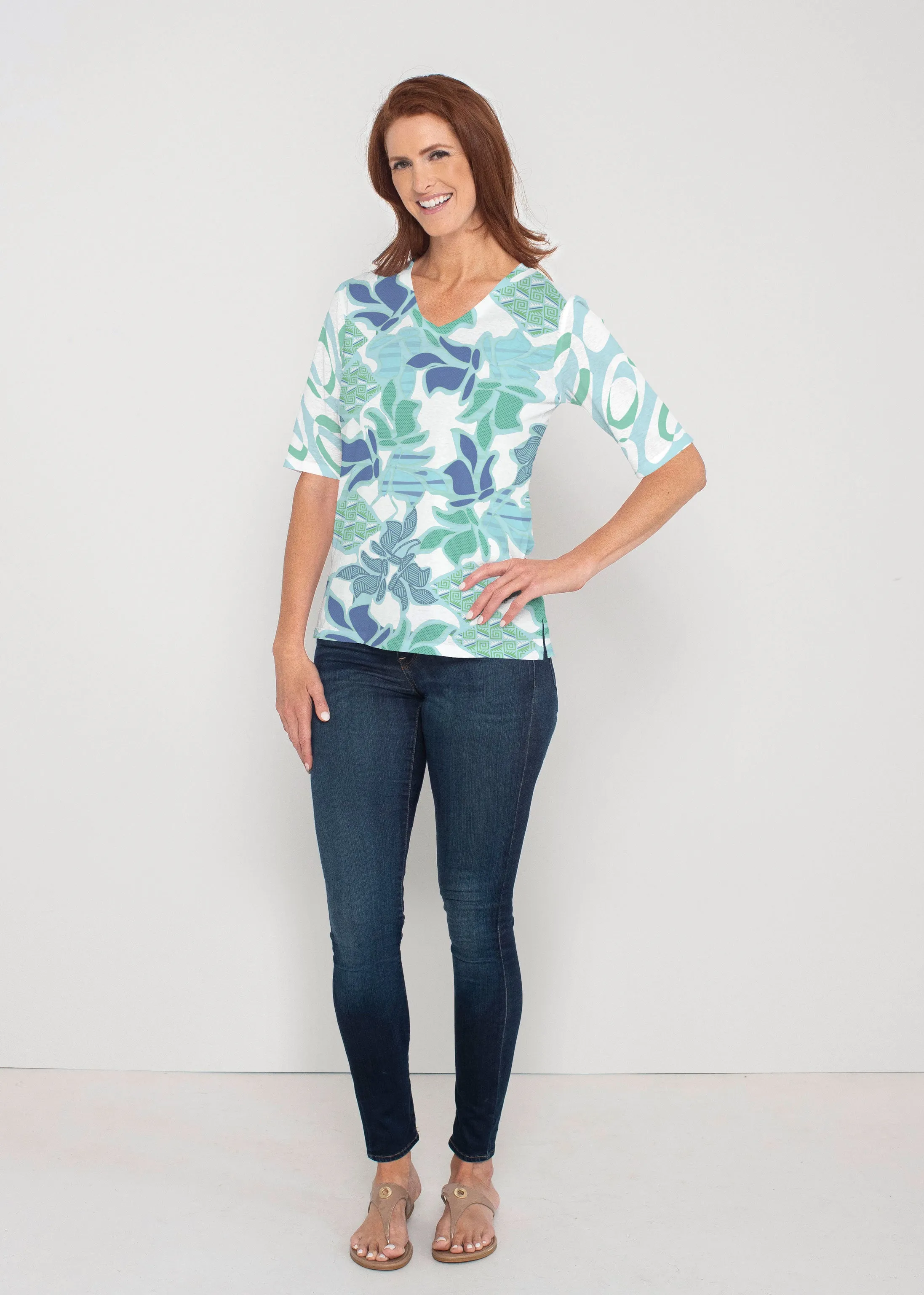 Sail Blue (8087) ~ Signature Elbow Sleeve V-Neck Top
