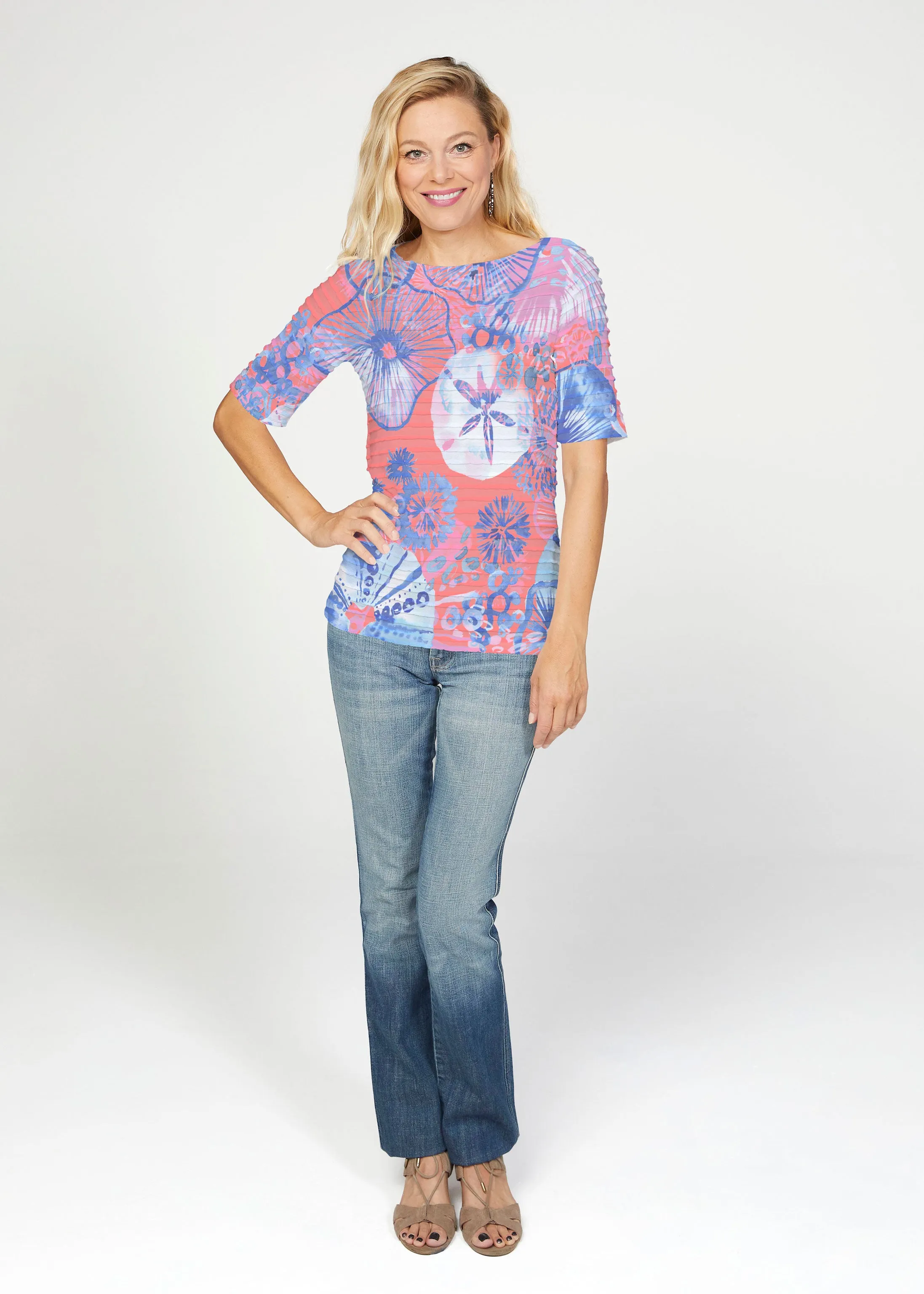 Sand Dollar (16257) ~ Banded Elbow Sleeve Boat Neck Top
